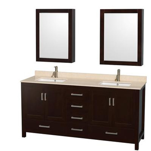 Sheffield 72 In. Double Vanity in Espresso with Marble Vanity Top in Ivory and Medicine Cabinets