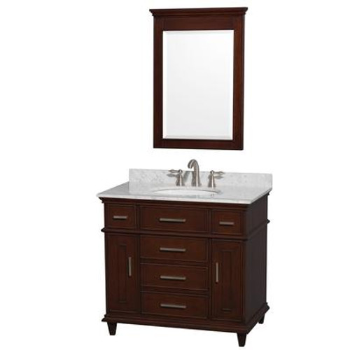 Berkeley 36 In. Vanity in Dark Chestnut with Marble Top in Carrara White with Oval Sink and Mirror