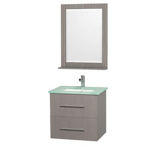Centra Vanity in Grey Oak with Glass Top and Mirror in Aqua and Square Porcelain Under Mounted Sink