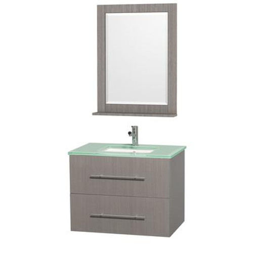 Centra 30 In. Vanity in Grey Oak with Glass Top in Aqua and Square Porcelain Under Mounted Sink