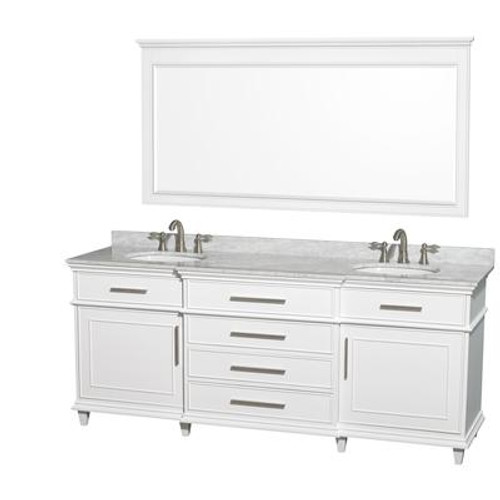 Berkeley 80 In. Double Vanity White with Marble Top in Carrara White; Oval Sinks and 70 In. Mirror