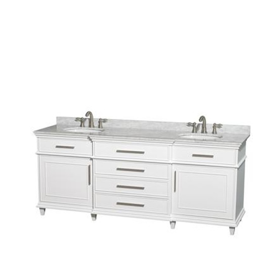 Berkeley 80 In. Double Vanity in White with Marble Vanity Top in Carrara White and Oval Sinks