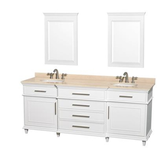 Berkeley 80 In. Double Vanity White with Marble Vanity Top in Ivory; Oval Sinks and 24 In. Mirrors