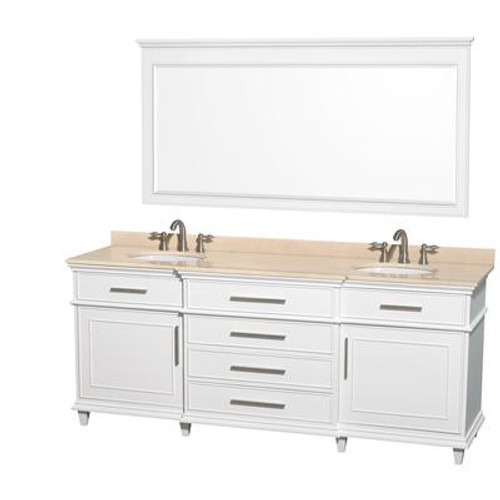 Berkeley 80 In. Double Vanity in White with Marble Vanity Top in Ivory; Oval Sinks and 70 In. Mirror