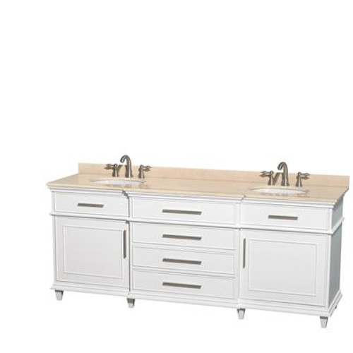 Berkeley 80 In. Double Vanity in White with Marble Vanity Top in Ivory and Oval Sinks
