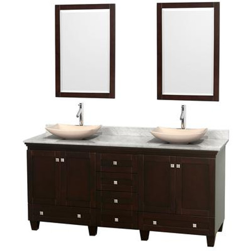Acclaim 72 In. Double Vanity in Espresso with Top in Carrara White with Ivory Sinks and Mirrors