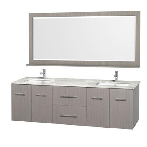 Centra 72 In. Double Vanity in Grey Oak with Marble Vanity Top in Carrara White and Undermount Sinks