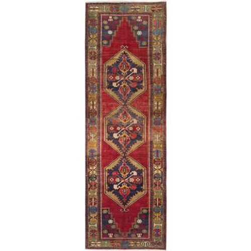 Hand-knotted Anatolian Vintage Dark Red Navy&nbsp; Rug - 3 Ft. 5 In. x 10 Ft. 5 In.