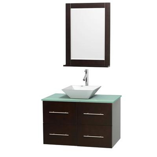 Centra 36 In. Single Vanity in Espresso with Green Glass Top with White Porcelain Sink and 24 In. Mirror