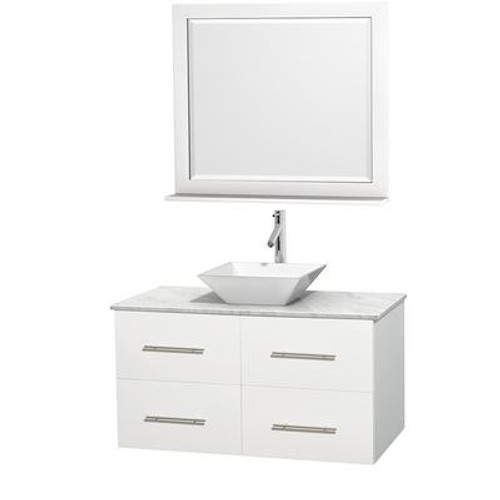 Centra 42 In. Single Vanity in White with White Carrera Top with White Porcelain Sink and 36 In. Mirror