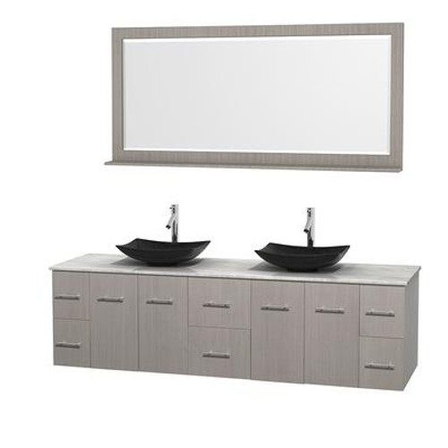 Centra 80 In. Double Vanity in Gray Oak with White Carrera Top with Black Granite Sinks and 70 In. Mirror