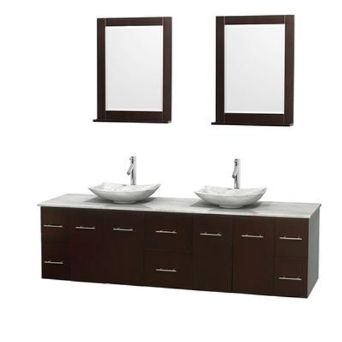 Centra 80 In. Double Vanity in Espresso with White Carrera Top with White Carrera Sinks and 24 In. Mirrors