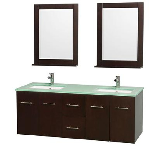 Centra 60 In. Double Vanity in Espresso with Green Glass Top with Square Sink and 24 In. Mirror