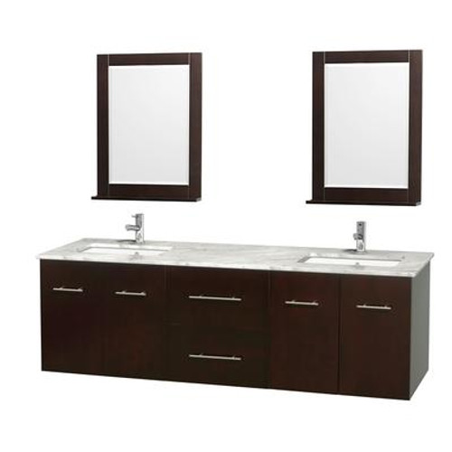 Centra 72 In. Double Vanity in Espresso with White Carrera Top with Square Sink and 24 In. Mirror