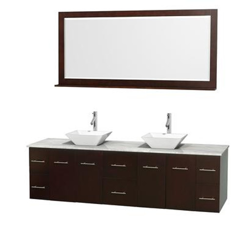 Centra 80 In. Double Vanity in Espresso; White Carrera Top; White Porcelain Sinks and 70 In. Mirror