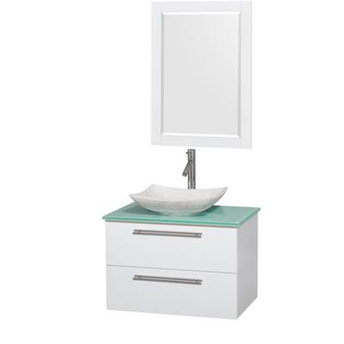 Amare 30 In. Single Glossy White Bathroom Vanity; Green Glass Top; White Carrera Sink; 24 In. Mirror