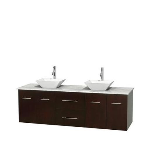 Centra 72 In. Double Vanity in Espresso with White Carrera Top with White Porcelain Sinks and No Mirror