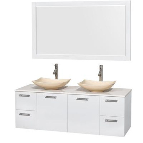 Amare 60 In. Double Bathroom Vanity in Glossy White; Solid SurfaceTop; Ivory Marble Sinks; 58 In. Mirror