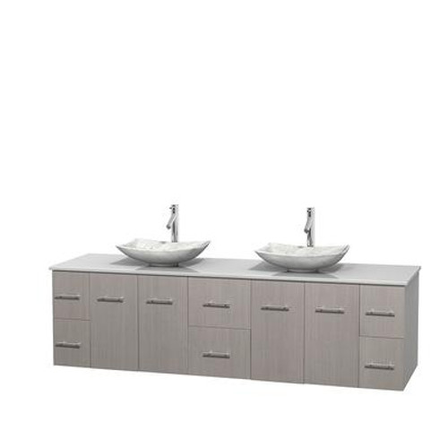 Centra 80 In. Double Vanity in Gray Oak with Solid SurfaceTop with White Carrera Sinks and No Mirror