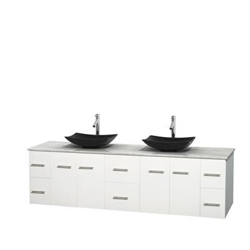 Centra 80 In. Double Vanity in White with White Carrera Top with Black Granite Sinks and No Mirror