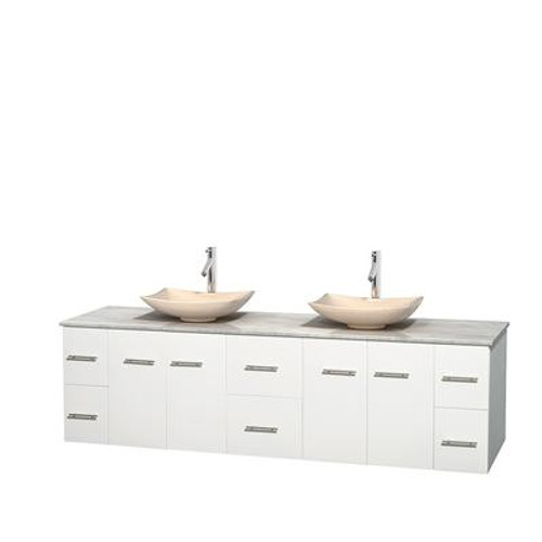 Centra 80 In. Double Vanity in White with White Carrera Top with Ivory Sinks and No Mirror