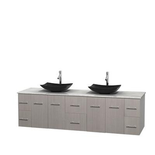 Centra 80 In. Double Vanity in Gray Oak with White Carrera Top with Black Granite Sinks and No Mirror