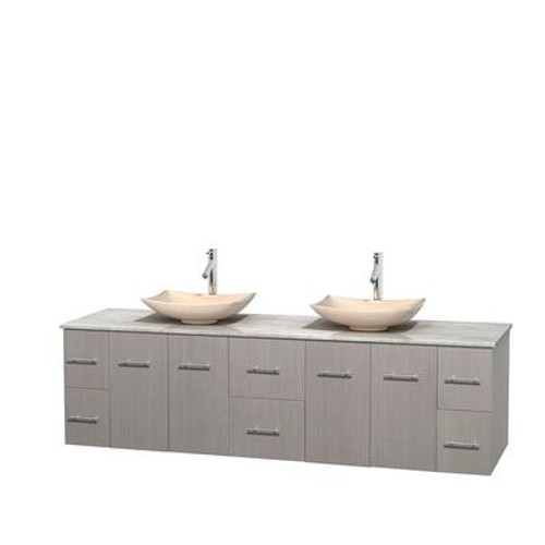 Centra 80 In. Double Vanity in Gray Oak with White Carrera Top with Ivory Sinks and No Mirror