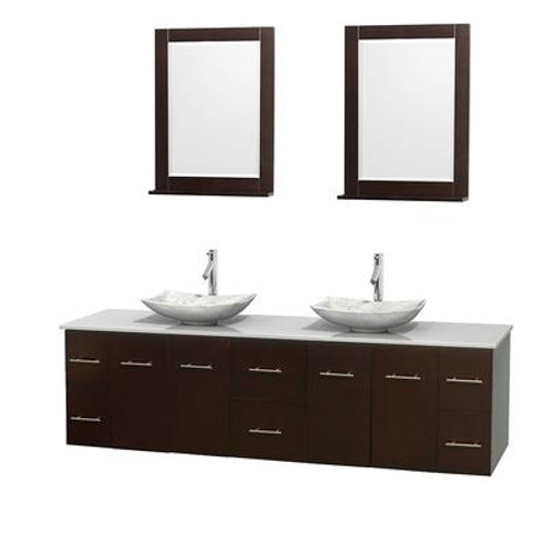 Centra 80 In. Double Vanity in Espresso with Solid SurfaceTop with White Carrera Sinks and 24 In. Mirrors