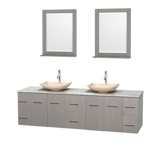 Centra 80 In. Double Vanity in Gray Oak with White Carrera Top with Ivory Sinks and 24 In. Mirrors