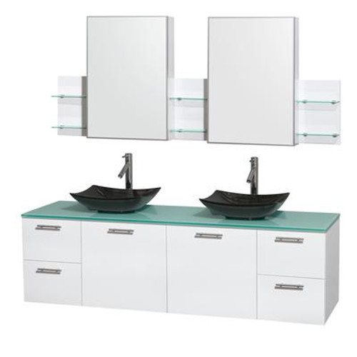 Amare 72 In. Double Bathroom Vanity in Glossy White; Green Glass Top; Black Granite Sinks; Med Cabinet