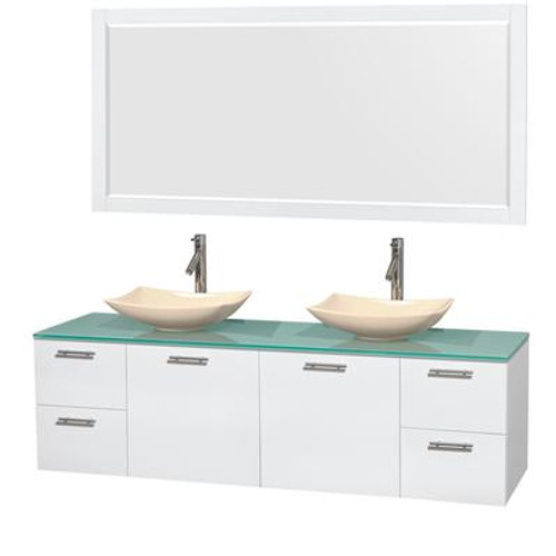 Amare 72 In. Double Bathroom Vanity in Glossy White; Green Glass Top; Ivory Marble Sinks; 70 In. Mirror