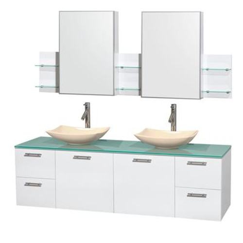 Amare 72 In. Double Bathroom Vanity in Glossy White; Green Glass Top; Ivory Marble Sinks; Med Cabinet