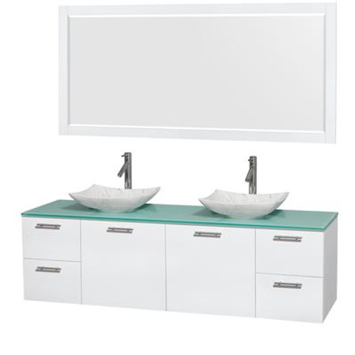 Amare 72 In. Double Bathroom Vanity in Glossy White; Green Glass Top; White Carrera Sinks; 70 In. Mirror