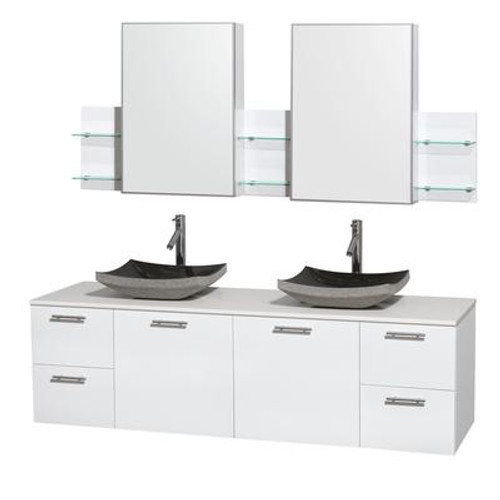 Amare 72 In. Double Bathroom Vanity in Glossy White; Solid SurfaceTop; Black Granite Sinks; Med Cabinet