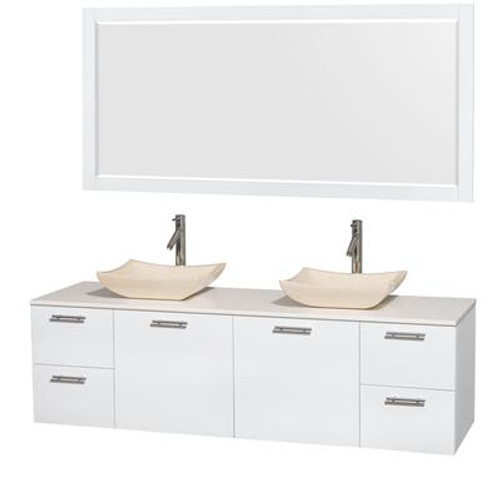 Amare 72 In. Double Bathroom Vanity in Glossy White; Solid SurfaceTop; Ivory Marble Sinks; 70 In. Mirror