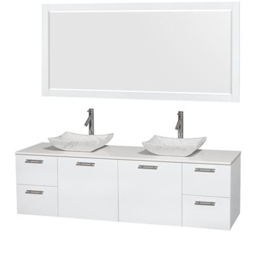 Amare 72 In. Double Bathroom Vanity in Glossy White; Solid SurfaceTop; White Carrera Sinks; 70 In. Mirror