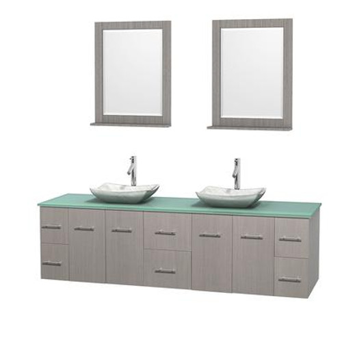 Centra 80 In. Double Vanity in Gray Oak with Green Glass Top with White Carrera Sinks and 24 In. Mirrors