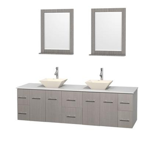 Centra 80 In. Double Vanity in Gray Oak with Solid SurfaceTop with Bone Porcelain Sinks and 24 In. Mirrors