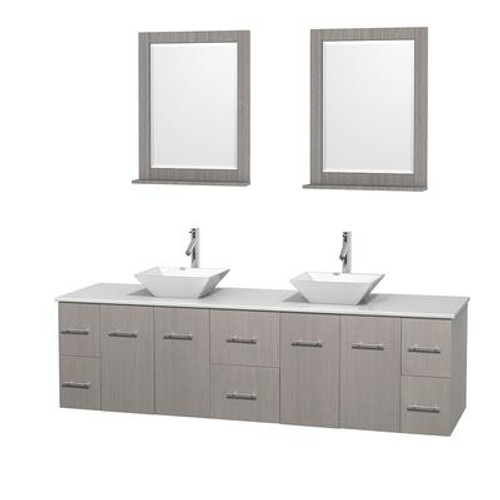 Centra 80 In. Double Vanity in Gray Oak; Solid SurfaceTop; White Porcelain Sinks and 24 In. Mirrors