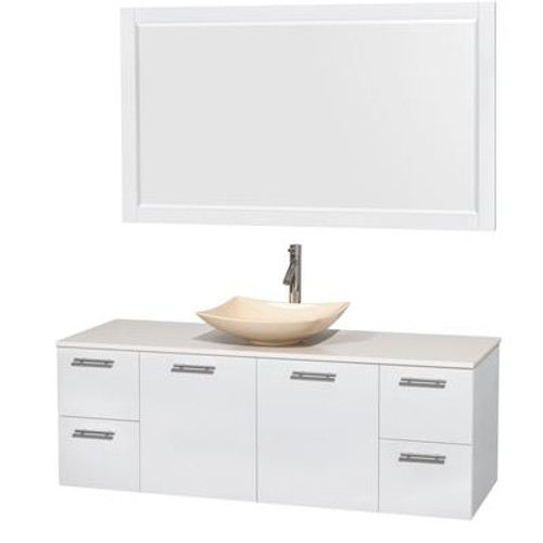 Amare 60 In. Single Glossy White Bathroom Vanity; Solid SurfaceTop; Ivory Marble Sink; 58 In. Mirror