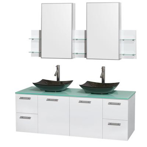 Amare 60 In. Double Bathroom Vanity in Glossy White; Green Glass Top; Black Granite Sinks; Med Cabinet