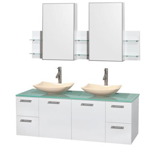 Amare 60 In. Double Bathroom Vanity in Glossy White; Green Glass Top; Ivory Marble Sinks; Med Cabinet
