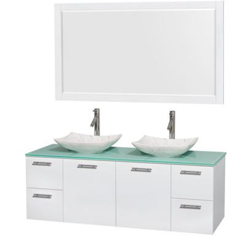 Amare 60 In. Double Bathroom Vanity in Glossy White; Green Glass Top; White Carrera Sinks; 58 In. Mirror