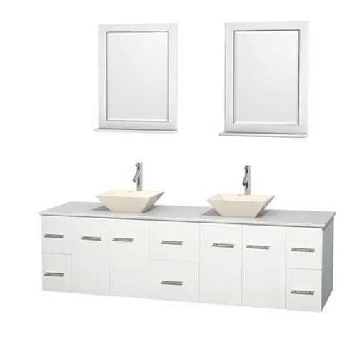 Centra 80 In. Double Vanity in White with Solid SurfaceTop with Bone Porcelain Sinks and 24 In. Mirrors
