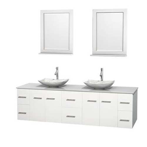 Centra 80 In. Double Vanity in White with Solid SurfaceTop with White Carrera Sinks and 24 In. Mirrors
