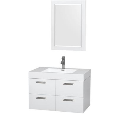 Amare 36 In. Single Glossy White Bathroom Vanity; Acrylic Resin Top; Integrated Sink; 24 In. Mirror