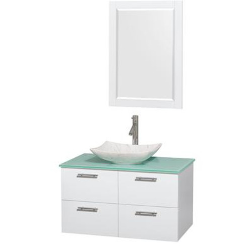 Amare 36 In. Single Glossy White Bathroom Vanity; Green Glass Top; White Carrera Sink; 24 In. Mirror