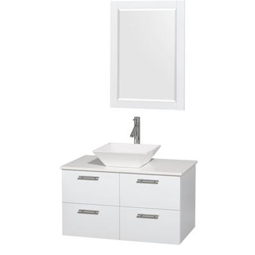 Amare 36 In. Single Glossy White Bathroom Vanity; Solid SurfaceTop; White Sink; 24 In. Mirror
