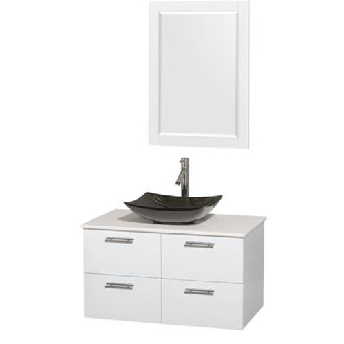 Amare 36 In. Single Glossy White Bathroom Vanity; Solid SurfaceTop; Black Granite Sink; 24 In. Mirror