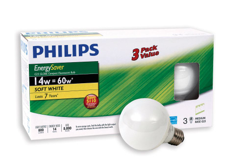 CFL 14W = 60W Globe(G25) Soft White (2700K) - 3 Pack